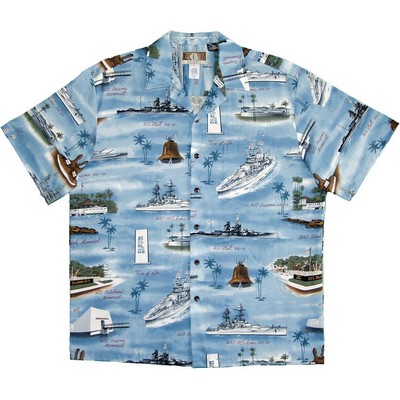 Blue Hawaiian Tropical Military Print Shirt - Navy Ships Circa WWii