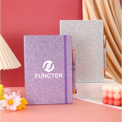 Glittered Notebook A5 Ruled Lines Journal w/Band Pen Loop Hardcover Notebook