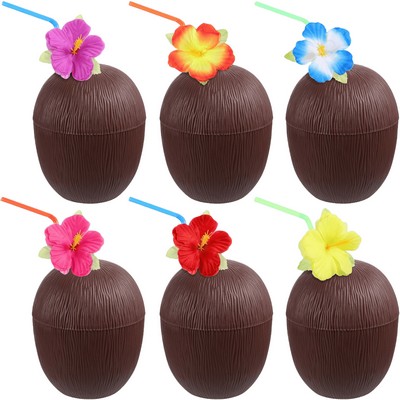 Hawaiian Themed Coconut Cups With Flower Straws