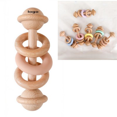 Natural Wooden Baby Ring Rattle with Silicone Beads