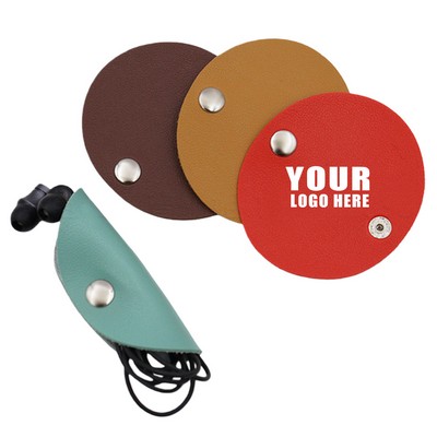 PU Leather Cable Organizer Oval Cord Wrap Earbud Holder