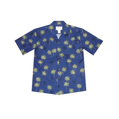Navy Hawaiian Cotton Poplin Shirt w/ Button Front & Short Sleeves
