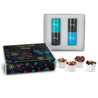 4 Way 4" Snack Tube Mailer Box (Milk Chocolate Pretzels, Chocolate Fruit & Nut Medley, and More)