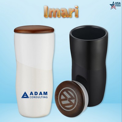 Imari Double Walled 12 oz Ceramic Tumbler with Two-Tone Design and Wood Lid