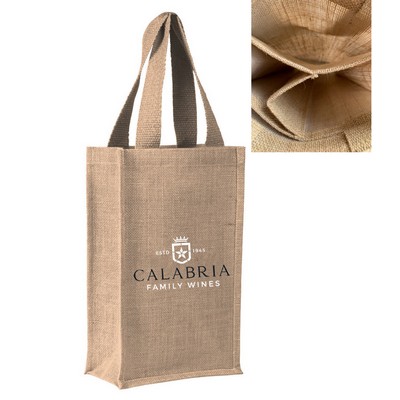 Jute Burlap 2 Bottle Wine Tote Bag W/Interior Divider