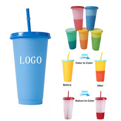 24 Oz. PP Plastic Color Changing Cold Drinks Cup w/Straw