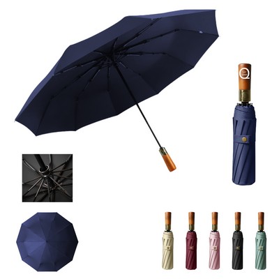 23-Inch Tri-Fold Automatic Umbrella With Original Wooden Han