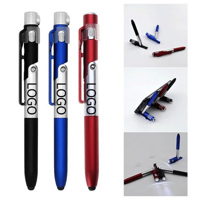 4-in-1 Multifunctional Matte Finish Ballpoint Pen w/Stylus & LED Light & Phone Holder Stand