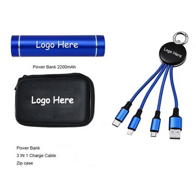 2200mah Cylinder Power Bank Travel Set with 3in1 USB Cable