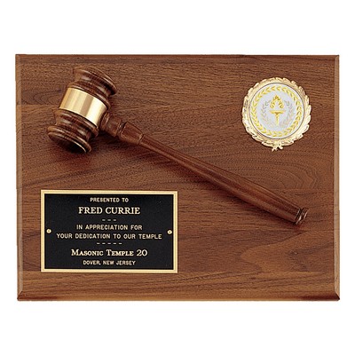 Solid Walnut Plaque w/ Gavel,Band, Black Plate and 2" insert