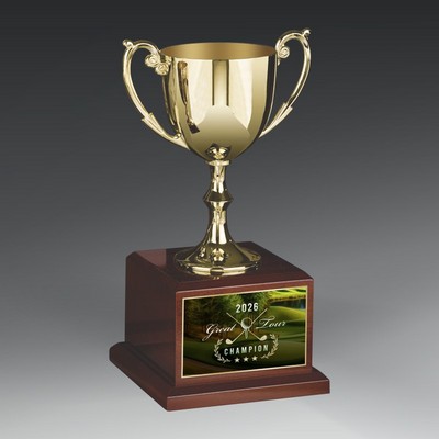 Elegant Gold Metal Cup on Rosewood Piano Finish Base