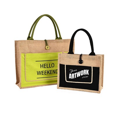 Two Tone Cotton Pocket Jute Tote Bag With Medium Size W13.7" x H11.8" x D5.5"
