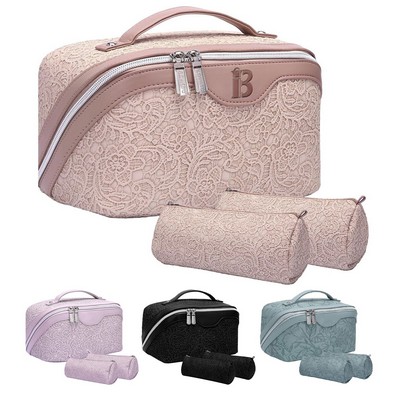 Leather Lace Embossed Waterproof Toiletry and Makeup Bag