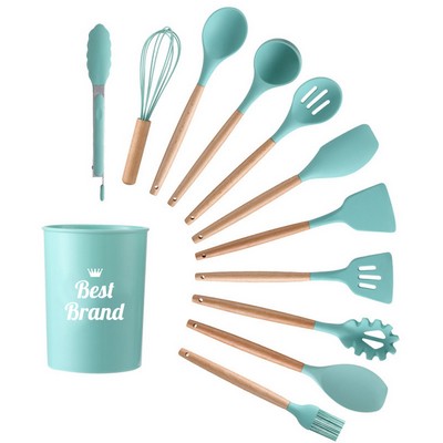 11 Pcs Silicone Wooden Handle Utensil Set With Container