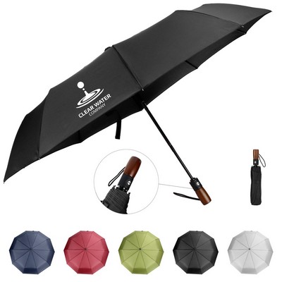 Auto Open + Close Wooden Handle Folding Umbrella