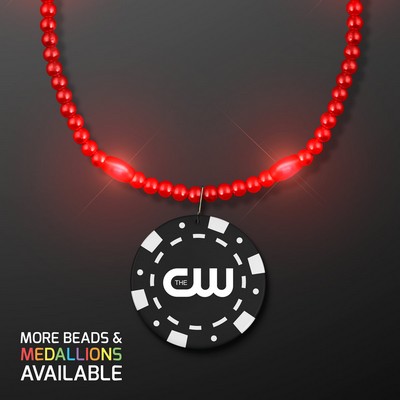 Red LED Bead Necklace with Black Poker Chip Medallion - PRINTED