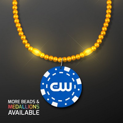 Yellow LED Bead Necklace with Blue Poker Chip Medallion - PRINTED