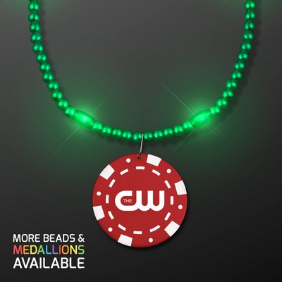 Green LED Bead Necklace with Red Poker Chip Medallion - PRINTED
