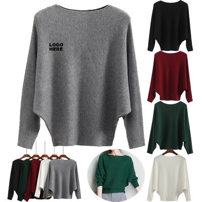 Custom Winter Fashion Pullover Top Women's Loose Fit Batwing Sleeve Knit Sweater