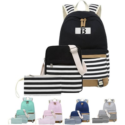 3Pcs Women Lightweight Stripe Canvas Backpack Set