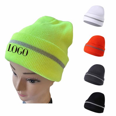 Acrylic Reflective Stripe Knitted Cuffed Safety Beanie