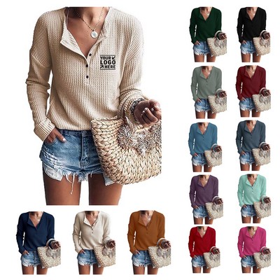 Womens Waffle Knit Tunic Tops Loose Long Sleeve Button Up V Neck Henley Shirt