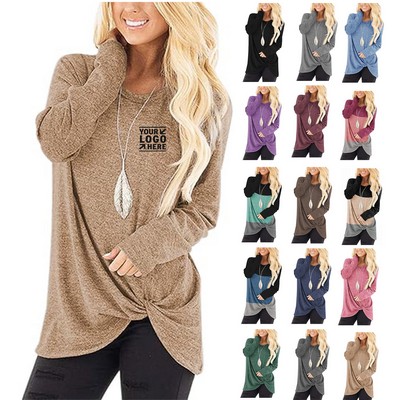 Women Tops Long Sleeve Fall Casual Tunic Shirts Round Neck Twist Knotted Tee Blouses