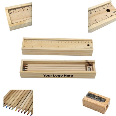 12-Piece Colored Pencil Set In Wooden Ruler Box