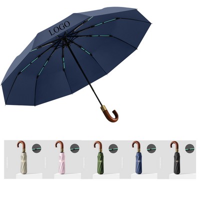 10 Ribs Third Fold Automatic Umbrella With Wooden J Handle