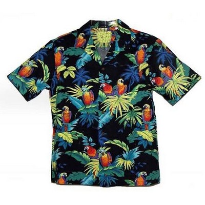 Hawaiian Tropical Black Parrot Print Black Cotton Shirt - DEEP INVENTORY