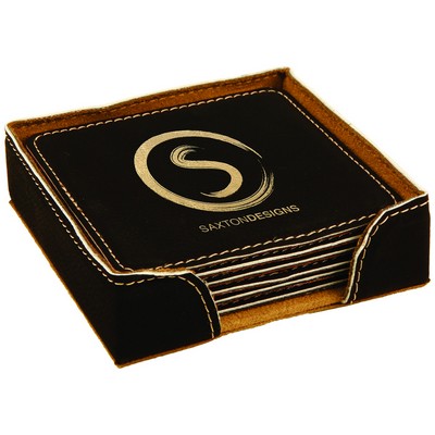 4" Square Black/Gold Leatherette Coaster Set