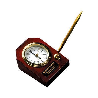 3 5/8" x 4¾" Rosewood Piano Finish Desk Clock with Pen