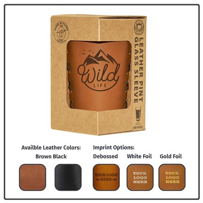 Full-Grain Leather Pint Glass Holder w/Glass- Set- with Gift Box-Made in USA