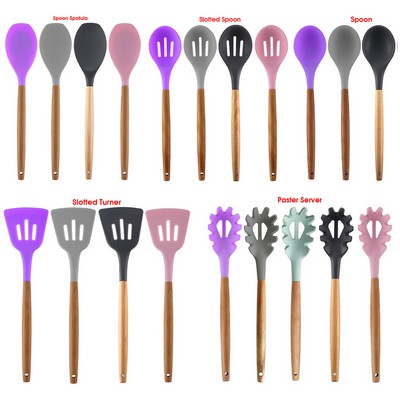 Silicone Cooking or Serving Utensil with Wooden Handle – Sold Individually or as a Set
