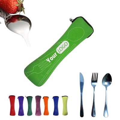 Travel Cutlery Reusable Silverware Set Knife Fork Spoon Portable Bag