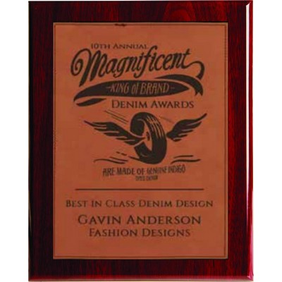 Rosewood Piano Finish Plaque with Rawhide Faux Leather Plate, 8 x 10"