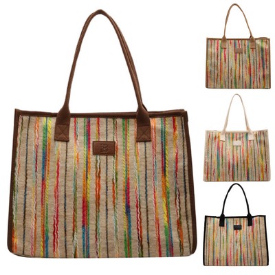 Canvas Tote Bag Rainbow Stripe Large Capacity