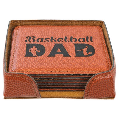 4" Square Basketball 6-Coaster Set with Holder, Laserable Leatherette