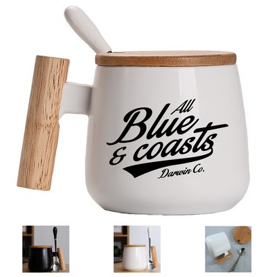 12oz Premium Ceramic Travel Mug with Wooden Handle and Bamboo Lid