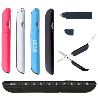 Multi-Tool Ballpoint Pen with Scissors & Ruler