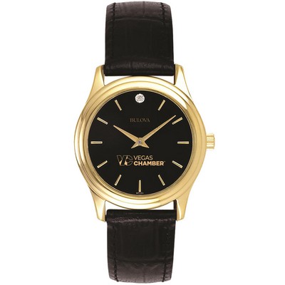Bulova Ladies' Black Leather Strap Watch with Black Diamond Dial