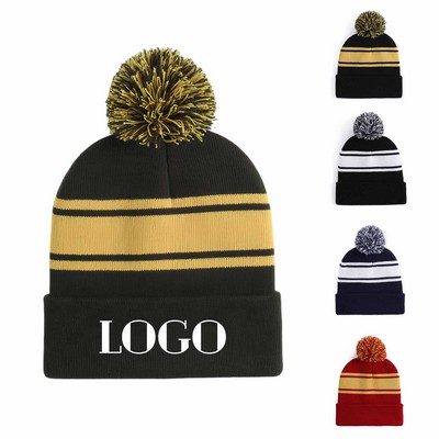 Two-Tone Knit Pom Beanie With Cuff