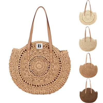 Women Round Hollow Straw Tote Bag