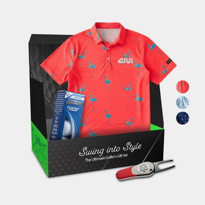 YATTA Golf® Flamingo Men's Polo Shirt, Srixon® Golf Balls & Pitchfix® Icon Divot Tool Gift Set