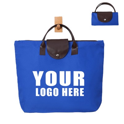 600D Oxford Foldable Shopping Bag With Leather Handle and Button