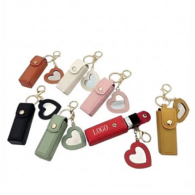 Portable PU Leather Lipstick Case Keychain with Heart Mirror Charm