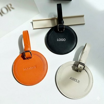 Premium Round Genuine Leather Luggage Tag Circular Suitcase ID Label with Privacy Cover & Durable