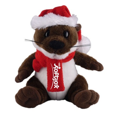 Soft Plush Stuffed Otter with Christmas Hat and Scarf