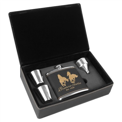 Faux Leather Black Flask Gift Set, Engraved