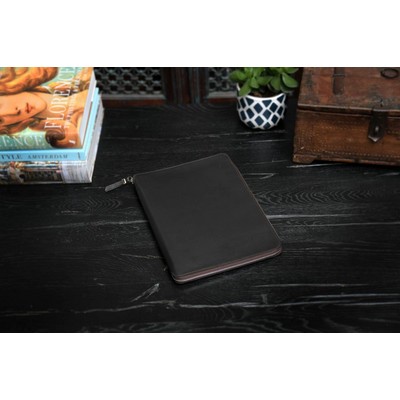 Smooth Calf Leather Large-Size Zippered Padfolio - Onyx - Borlino